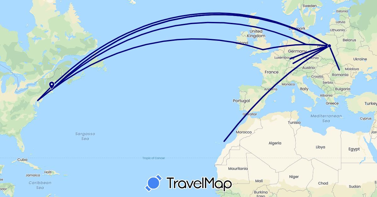 TravelMap itinerary: driving in Germany, Spain, United Kingdom, Poland, Romania, United States (Europe, North America)